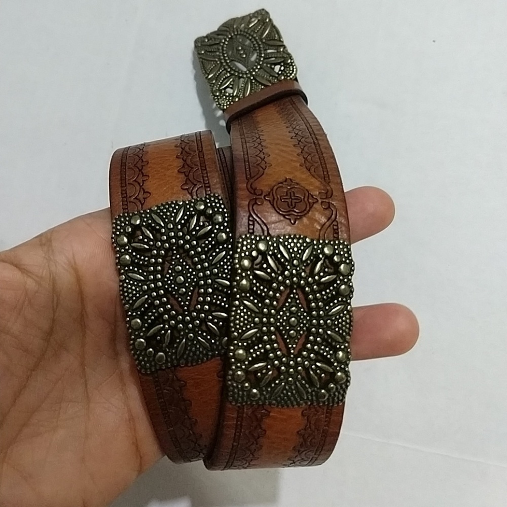 Fossil embossed leather belt with brass buckle
